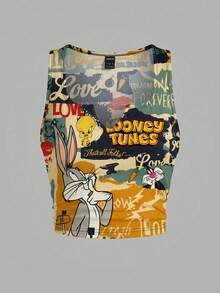 Slaydiva LOONEY TUNES X SHEIN 2026 توب كاجوال شارع نسائي مقاس كبير بنمط كرتوني عتيق بياقة U مضلع، صيفي - متعدد الألوان - مشاهدة 1