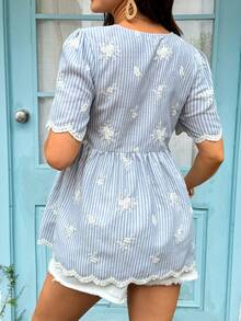 SHEIN Maternity Embroidered French Vacation Tie-Up Curved Hem Shirt - Blue - View 2