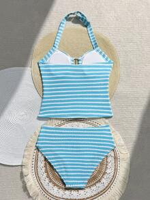 SHEIN 2件組青少年女孩粉色波浪條紋金屬裝飾柔軟舒適針織面料女孩(大尺碼)泳裝套裝，適用於海灘、泳池、海邊、衝浪、度假、夏季、旅行 - 藍色 - 查看 2