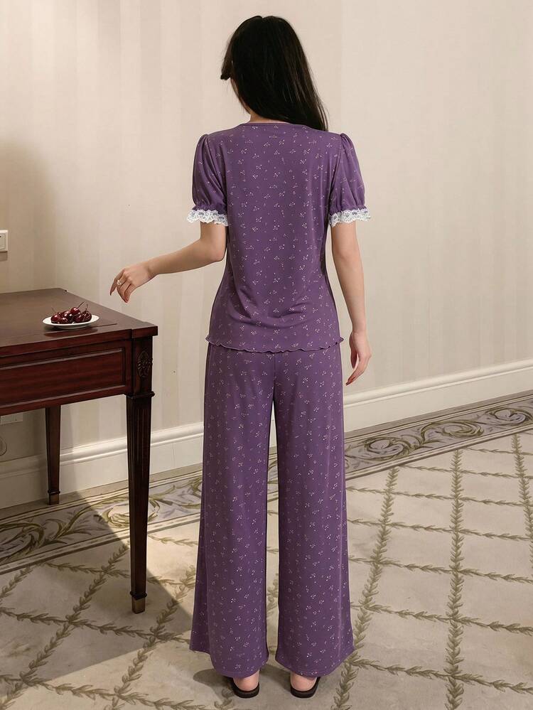 2pcs Sweet Floral Lace Patchwork Petal Sleeve V-Neck Short Sleeve T-Shirt And Straight Leg Long Pajama Pants Set, Women Summer Sleepwear
