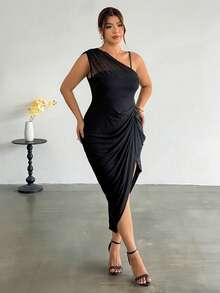 Firerie Plus Size Elegant Solid Color Asymmetric Sleeveless Dress, Summer Elegant Wedding Guest Black Dress For Women Graduation Black Dress For Women - Black - View 6