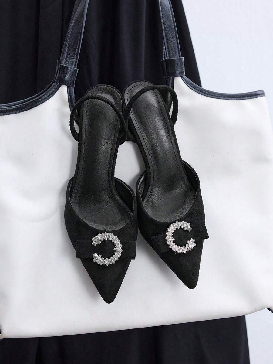 CUCCOO BIZCHIC Black Suede Pointed Back Empty Mullers, Rhinestone Buckle Thick Heel With Sandals - Black 6 - View 1