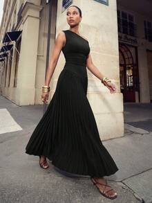 Zivah Easter St. Patrick's Day Valentine's Day Wedding Guest Party Asymmetric Shoulder Patchwork Pleated Hem Long Black Knit Dress - Black - View 1