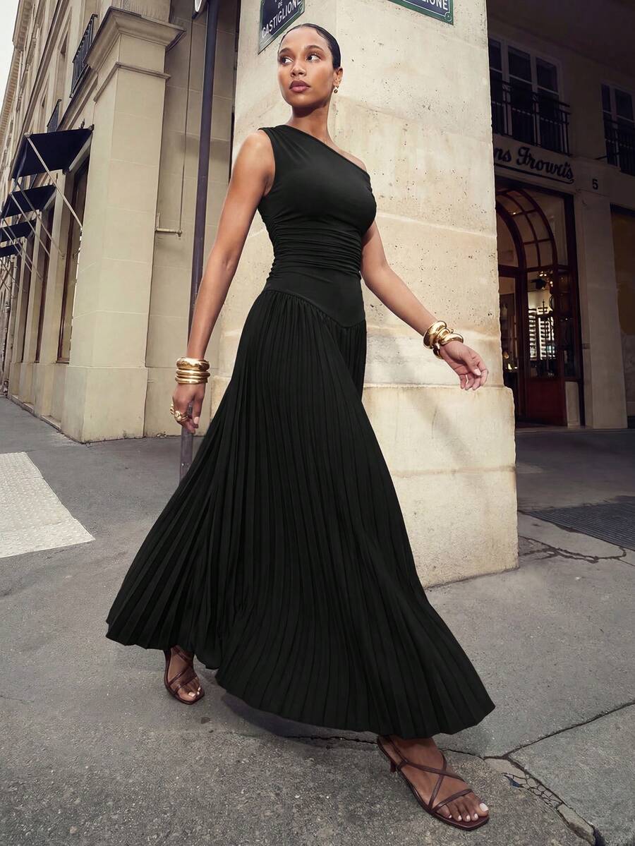 Zivah Easter St. Patrick's Day Valentine's Day Wedding Guest Party Asymmetric Shoulder Patchwork Pleated Hem Long Black Knit Dress - Black - View 1