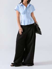 LYSMO Áo blouse nữ màu trơn tay cánh dơi ngắn, eo chiết, xếp ly - Màu xanh nhạt - Xem 1
