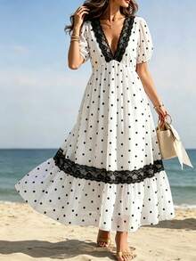GlowEve CURVE Robe à pois grande taille, robe mi-longue à col V en dentelle noire avec manches pétales, style flatteur et vintage pour femmes rondes - Blanc - Voir 1