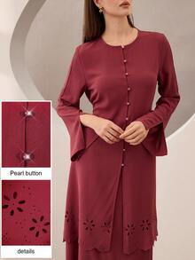 Graceveil Blouse décontractée élégante pour femmes à col rond, coupe laser, ourlet ondulé, manches longues et nœud devant. Couleur unie. - Lie de vin - Voir 1