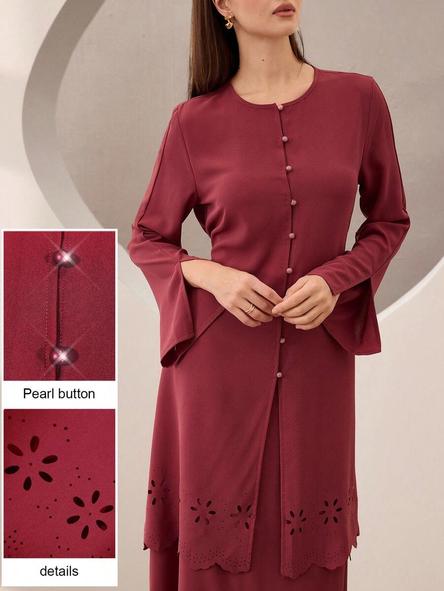 Graceveil Blouse décontractée élégante pour femmes à col rond, coupe laser, ourlet ondulé, manches longues et nœud devant. Couleur unie. - Lie de vin - Voir 1