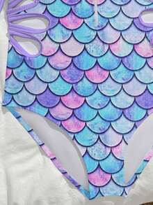 SHEIN 幻彩漸層魚鱗印花青少年女孩連身泳衣，適合海灘、夏季度假、游泳、泳池派對，長袖防紫外線 - 彩色 - 查看 5