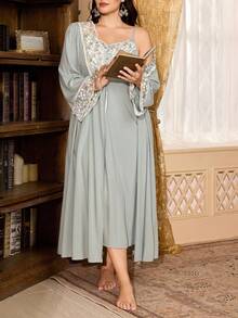 PalaceNights Palace Style Embroidered Lace Robe, Comfortable Homewear Can Be Worn Outdoors, 2pcs Camisole Dress Pajama Set - Green - View 3