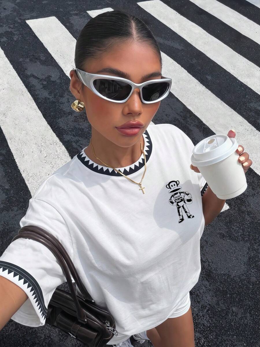 Muchica Paul Frank X SHEIN 夏季休閒卡通印花撞色拼接T恤 - 彩色 - 查看 1