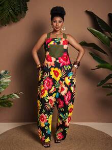 Maweii Plus Size Women's Black Summer Boho Beach Holiday Casual Jumpsuit, Printed Sleeveless Loose Harem Pocket, Adjustable Shoulder Straps Asymmetric Jumpsuit - Multicolor - View 5