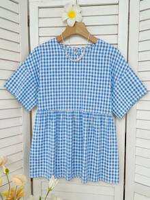 SHEIN EZwear 休閒極簡棉感藍色格紋梭織女款襯衫，適合夏季，夏季上衣，適用於日常通勤、約會、聚會、秋冬/夏季、聖誕節、新年、感恩節、派對、婚禮、海灘、畢業典禮、時尚、優雅、休閒、外出、約會、預約、通勤、亮麗、情人節 - 藍色 - 查看 8