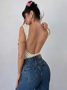 Firerie 女款優雅浪漫時尚通勤性感圓點印花露背連身衣，適合派對、度假 - 杏色 - 查看 8