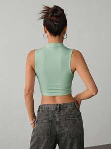 SHEIN PETITE Áo tank top cổ giả cao nhún bèo màu đen - Màu xanh Bạc hà - Xem 2