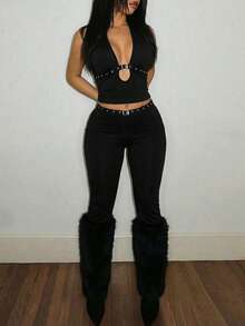 Slaydiva Bộ đồ mùa hè gợi cảm gồm áo croptop hai dây và quần ống loe. - màu đen - Xem 4