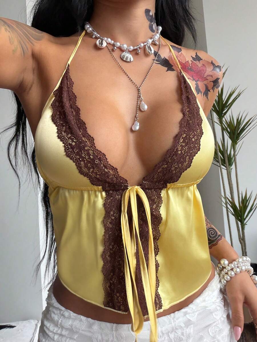 Coolane 女士夏季音乐节街头休闲度假日常性感缎面蕾丝拼接修身V领吊带露脐吊带衫 - 彩色 - 查看 1