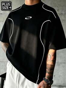 Sport MetroGents Camiseta de manga corta con cuello redondo y hombros caídos con estampado de líneas para hombres de talla grande - Negro - Ver 1