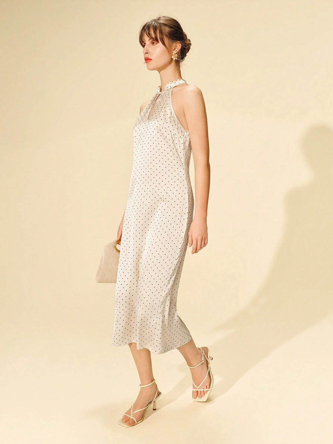 Champagne Polkadot Satin Key Hole Neck Midi Dress Wedding Guest Dress Premium Occasion Evening Dress