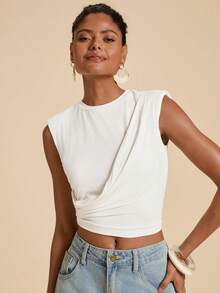 Travachic Women's Solid Color Pleated Casual Versatile Daily Wear T-Shirt - White - View 6