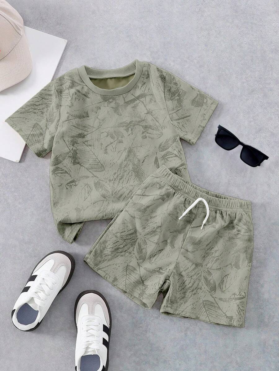 SHEIN Coolqubz 2件/套 小男孩日常度假休閒純色T恤 + 短褲,適合日常穿著、上學、旅行、戶外玩耍,夏季季節 - 薄荷綠 - 查看 1