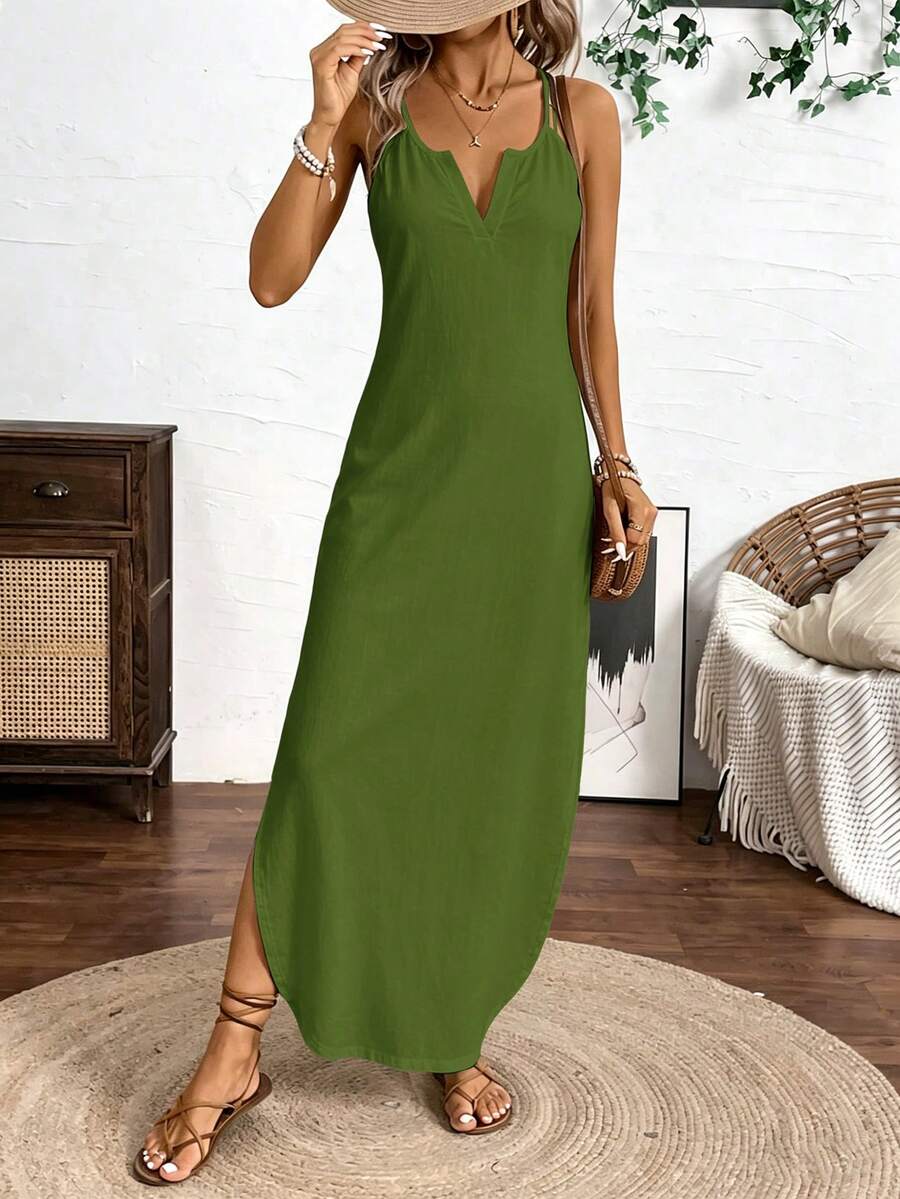 Breezaya Vertical Striped Multi-Colored Spaghetti Strap Dress Maxi Women Outfit - Olive Green - View 1