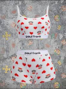 Paul Frank X SHEIN Women's Cute Cartoon Heart Print Wireless Comfortable Bra And Boxy Panty Set - White - View 1