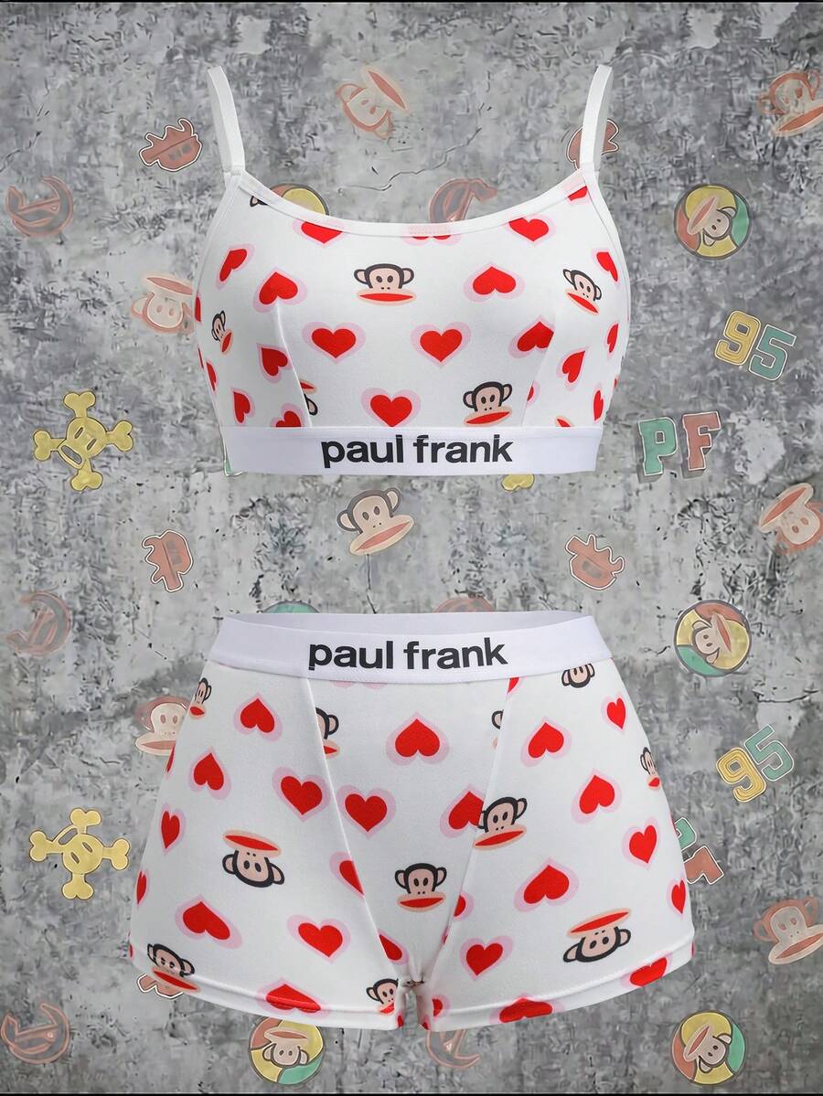 Paul Frank X SHEIN Women's Cute Cartoon Heart Print Wireless Comfortable Bra And Boxy Panty Set - White - View 1