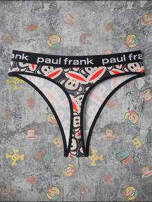 Paul Frank X SHEIN 女士舒适字母编织带猴子印花丁字裤，夏季 - 黑色 - 查看 2