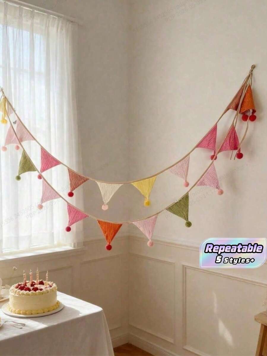 1 Pack 10pcs Cotton Triangle Pennant Flags With Pom Poms, Boho Style Bunting Banner, Suitable For Birthday Party Decor, Wall Hanging, Wedding, Baby Shower, Home Room Decoration - multicolor - View 1