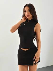 SHEIN PETITE Áo tank top cổ sườn xám kiểu Trung Quốc cổ điển dành cho nữ, màu đen, kiểu áo chui đầu thoải mái, thích hợp cho kỳ nghỉ, du lịch, áo nữ thanh lịch, áo mặc hàng ngày đi làm. Áo không tay màu đen, áo cổ cao, áo hè màu đen. - màu đen - Xem 3