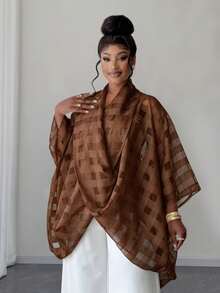 Maweii Plus Size Summer Retro Elegant Plaid Mesh Ruffled Collar Blouse - Brown - View 1