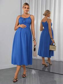 SHEIN Maternity Solid Color Tie-Up Ruched Casual Daily Wear Spaghetti Strap Dress - Blue - View 5