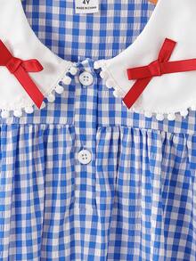 SHEIN Elladie kids 女童休閒藍色格紋洋裝，甜美3D蝴蝶結、荷葉邊飾、圓領開胸設計，優雅適合日常穿著、度假與通勤 - 藍色 - 查看 10