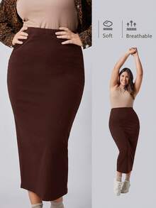 SHEIN BASICS Falda lápiz de cintura alta talla grande - Marrón - Ver 6