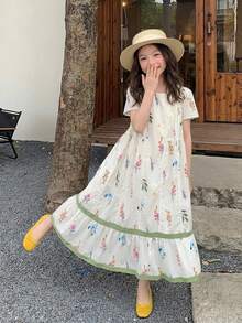 Dazy Kids 女童大尺碼圓領針織對比網眼洋裝，夏季 - 白色 - 查看 1