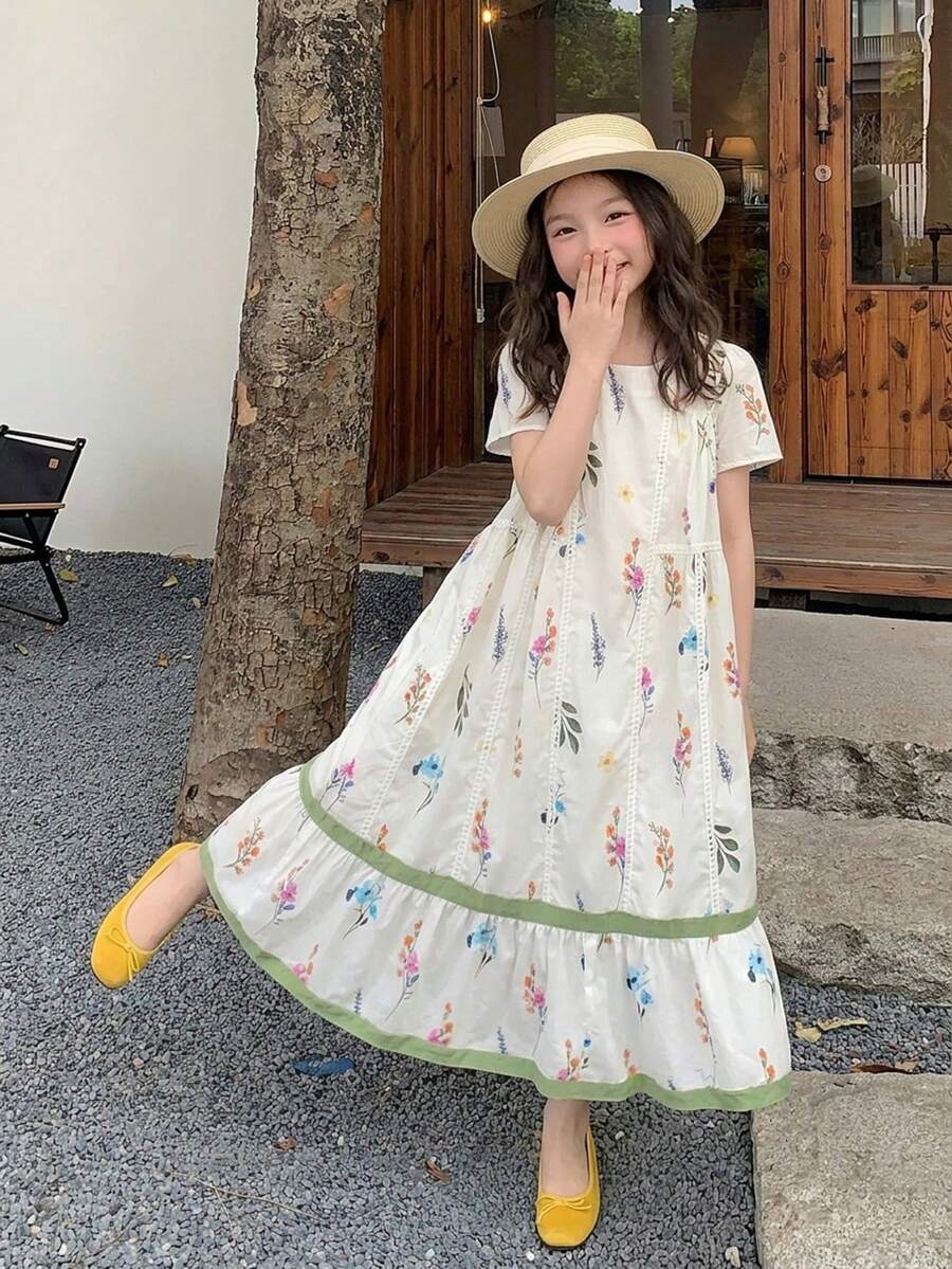 Dazy Kids 女童大尺碼圓領針織對比網眼洋裝，夏季 - 白色 - 查看 1