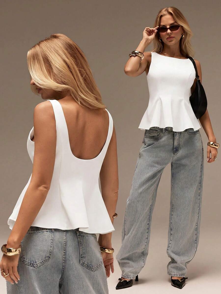 SHEIN Forever 21 春夏女款浪漫/舞會/正式/生日/90年代/商務休閒/優雅/西式穿搭/外出/時尚/休閒/Y2K/夜店/辦公室/雞尾酒/復古/電音節/趣味/高雅/老錢風/街頭風/度假/鄉村音樂會/工作/端莊/春假/單身派對/音樂會/辣妹/基礎/畢業 A字無袖灰色上衣 - 白色 - 查看 1