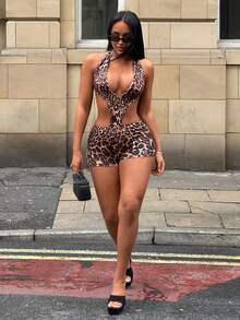 SHEIN SXY Halter Neck Leopard Print Backless Jumpsuit Club Night Brown Summer Going Out Country Sexy Wrap - Multicolor - View 6