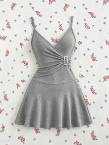Elamini Damen Vielseitiges Sommerkleid mit Metallschnalle und Raffung - Hellgrau - Übersicht 7