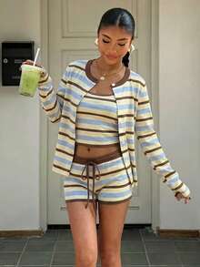 Muchica Casual Minimalist Asymmetrical Colorful Striped Knit All-Over Print 2-Piece Set For Women, Versatile Style Suitable For Spring/Summer,Summer Outfits For Women - Multicolor - View 7