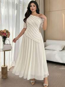 Feyla Plus Size Women's Elegant Vacation Style Solid Color Irregular Collar Textured Fabric Top And Skirt 2-Piece Set - Apricot - View 2