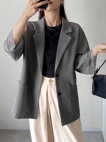 FRIFUL 女款休閒優雅對比蕾絲缺口領單排扣西裝外套 西式穿搭 教師節 辦公室 早午餐 深灰色 夏季 - 灰色 - 查看 1