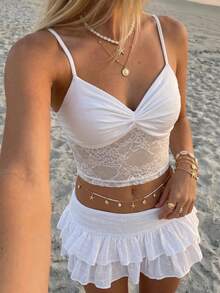INAWLY Women's Summer Vacation Casual Lace Patchwork Pleated Camisole Top - White - View 5
