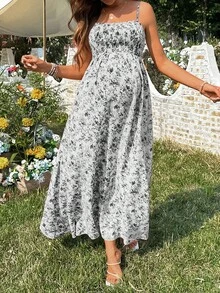 SHEIN 女款休閒碎花無袖孕婦洋裝 - 灰色 - 查看 3