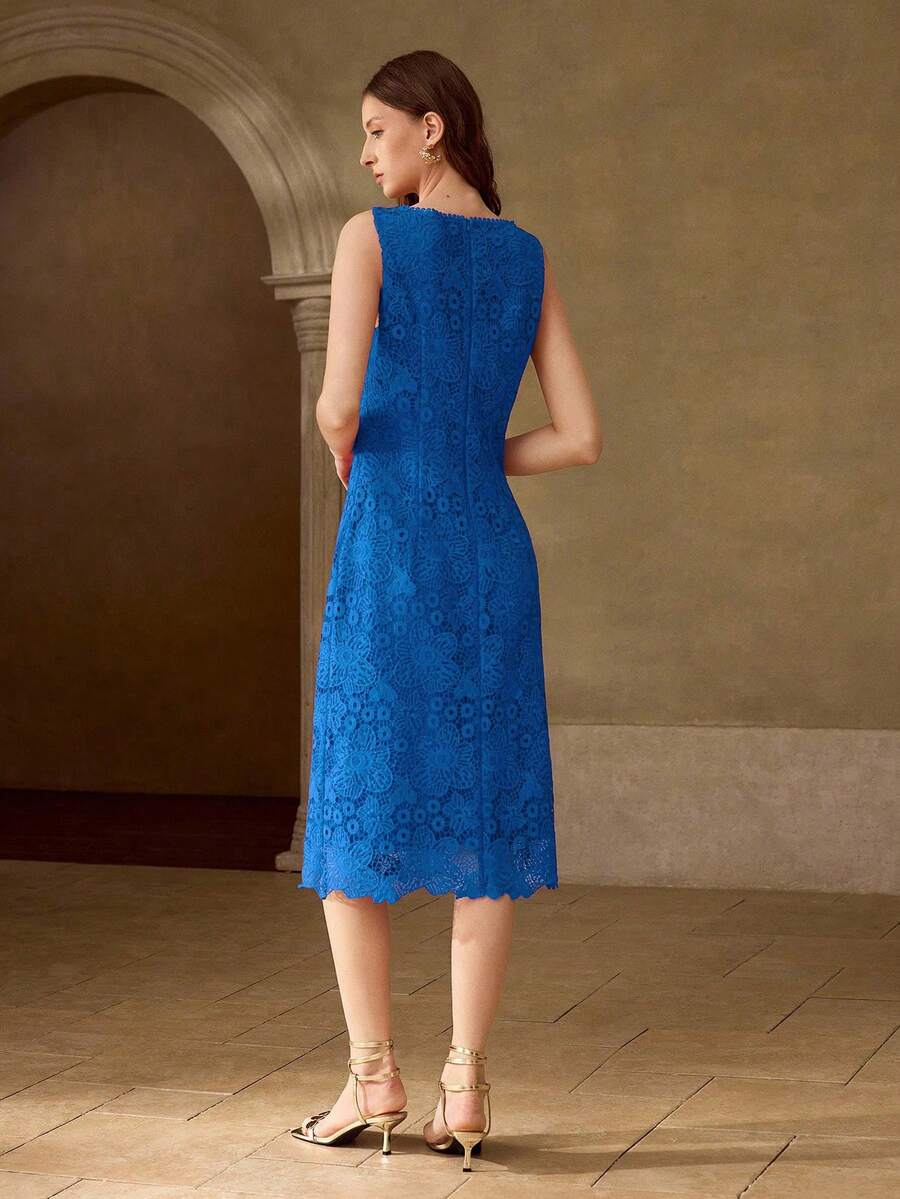 MOTF PREMIUM ELEGANT EMBROIDERED LACE MID-LENGTH DRESS FOR WOMEN - Blue - View 2