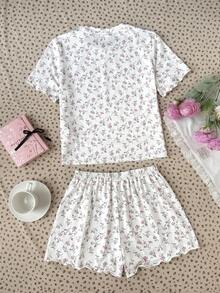 SHEIN 青少年女孩/青少年女孩碎花圓領T恤與短褲睡衣套裝，休閒舒適居家服 - 淺粉色 - 查看 4