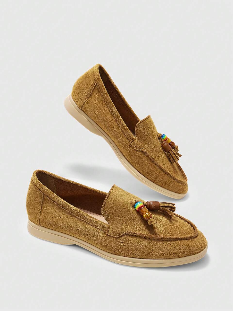 CUCCOO BIZCHIC Fashion Brown Suede Retro Beads Comfortable Commuter Women's Flat Loafers Women's Flat Shoes Suitable For Outdoor Vacation Shopping To Work Daily Versatile Flat Women's Shoes
