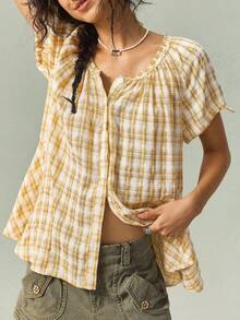 SoleilVie Casual Plaid Short Sleeve Shirt, Summer - Yellow - View 2