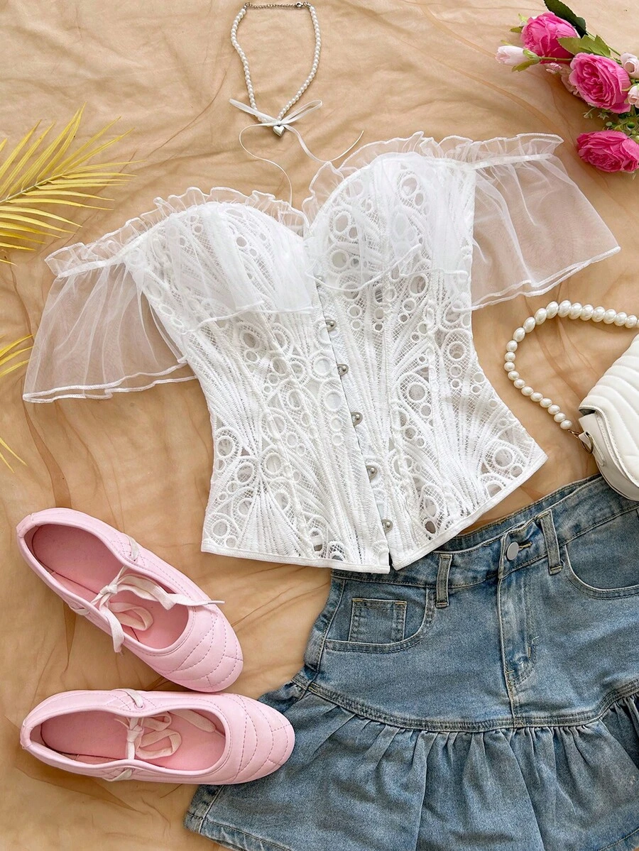 Soleia Top Bandeau Transparente de Um Ombro Só com Estampa de Pintura a Óleo Vintage - Branco - Visão 1